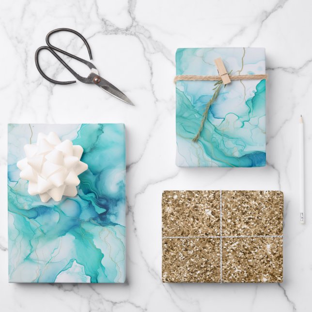 Mint Aqua Gold Tinte Marmor Geschenkpapier Set (Vorderseite)