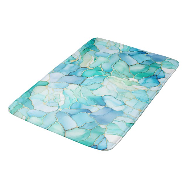 Mint Aqua Pearl Gold Marmor Badematte (Schrägansicht)