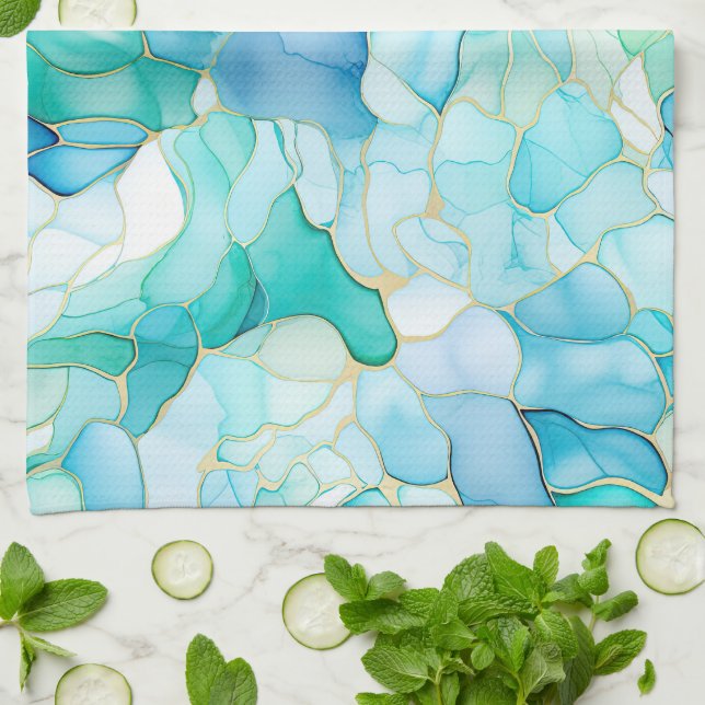 Mint Aqua Pearl Gold Marmor Geschirrtuch (Gefaltet)