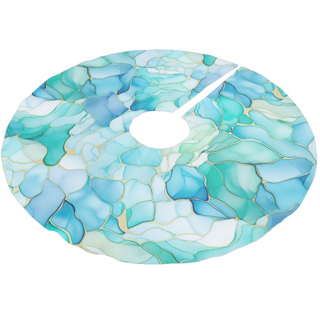 Mint Aqua Pearl Gold Marmor Polyester Weihnachtsbaumdecke (Schrägansicht)