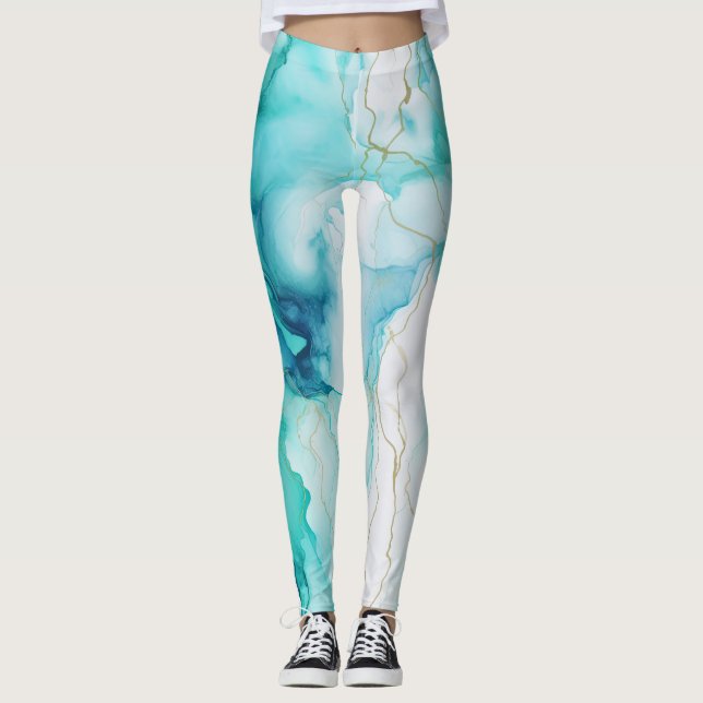 Mint Aqua Tinte Marmor Leggings (Vorderseite)