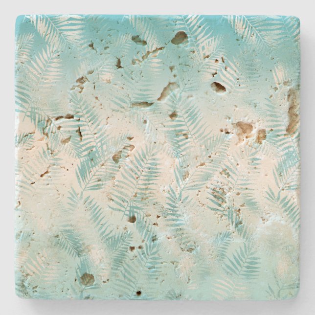 Mint Aqua White Tropical Blätter       Steinuntersetzer (Vorderseite)