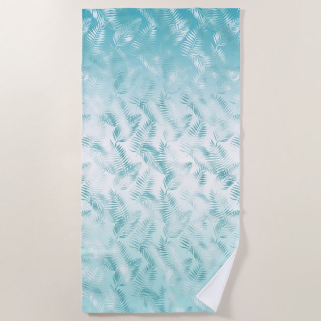 Mint Aqua White Tropical Blätter Strandtuch (Vorderseite)