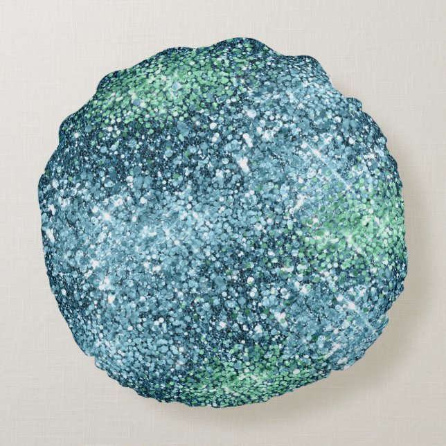 Mint Aquamarin Aqua Sparkle Mermaid Glitzer Rundes Kissen (Rückseite)