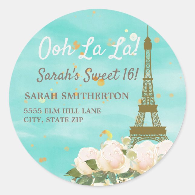 Mint Aquamarin Gold Paris Eiffelturm Sweet 16 Adre Runder Aufkleber (Vorderseite)