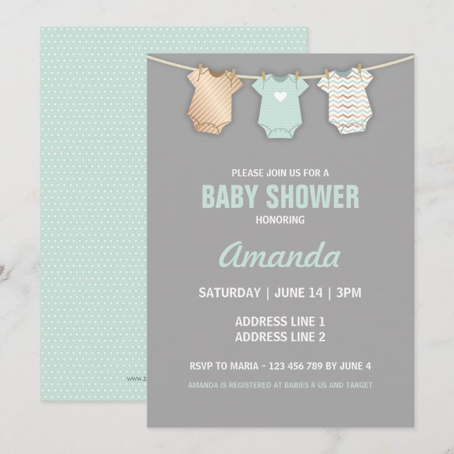 Mint Baby Shower Einladung, Thema Clothesline Einladung (Vorne/Hinten)