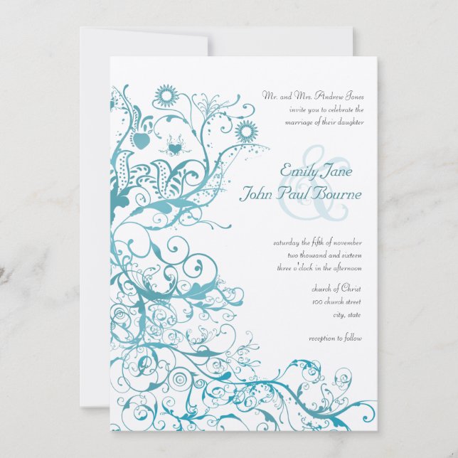 Mint Birds Wirbel Hochzeitseinladungen Einladung (Vorderseite)