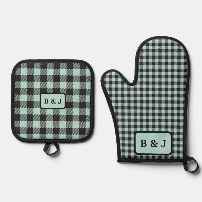 Mint & Black Buffalo Karierte Monogramm-Initialen  Ofenhandschuh & Topflappen-Set (Vorderseite)