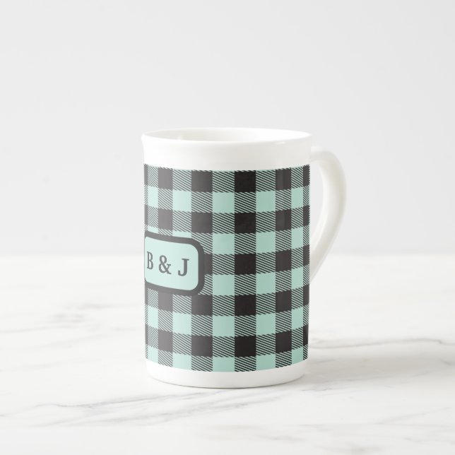 Mint & Black Buffalo Karierte Monogramm-Initialen  Prozellantasse (Vorderseite Rechts)