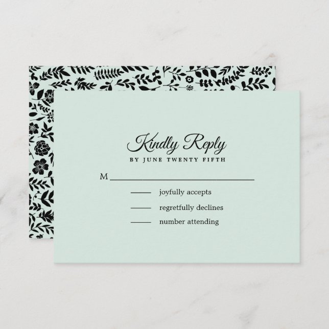 Mint | Black Floral Wedding RSVP Card (Vorne/Hinten)