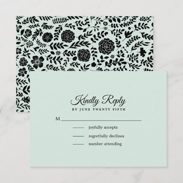 Mint | Black Floral Wedding RSVP Card Karte (Vorne/Hinten)