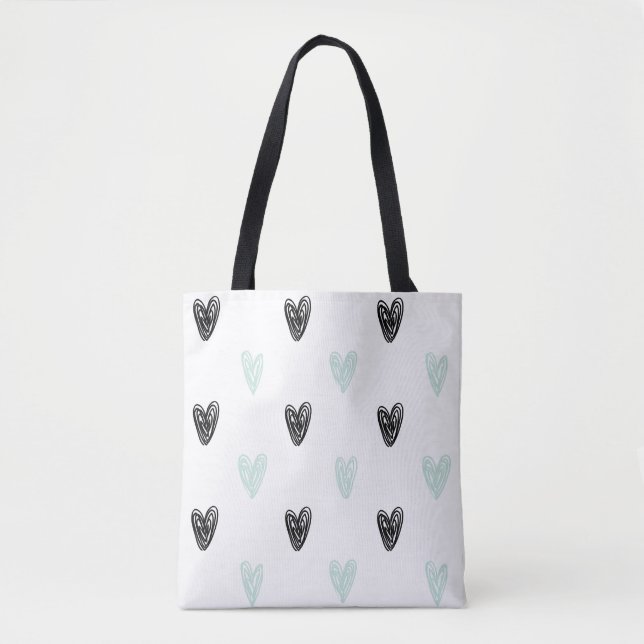 Mint & Black Hearts Doodles Motif Sac fourre-tout (Devant)