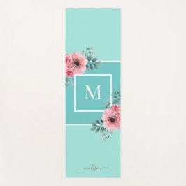 Mint Blue | Aquarellfarben Blume Monogramm Yoga Ma Yogamatte