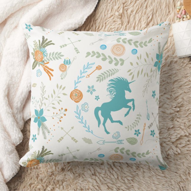 Mint Blue Coral Trendy Unicorn & Blumenmuster Kissen (Decke)