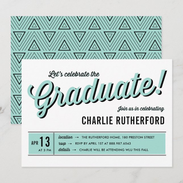 Mint Blue Diner Retro Typografy Graduation Party Einladung (Vorne/Hinten)