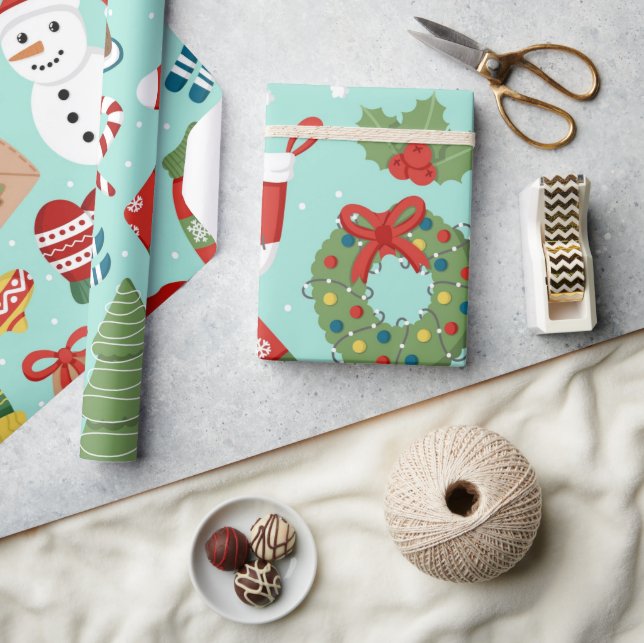 Mint Blue Holiday Snowman Christmas Wrapping Paper Geschenkpapier (Kunsthandwerk)