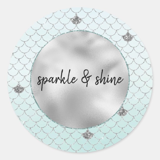 Mint Blue Ombre Silver Glitzer Mermaid Runder Aufkleber (Vorderseite)