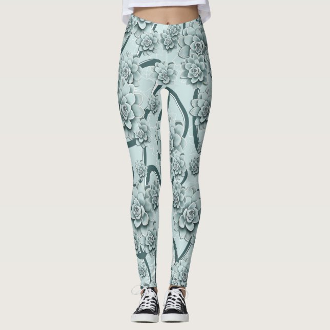 Mint Blue Succulents auf Pine Green Trellis wieder Leggings (Vorderseite)
