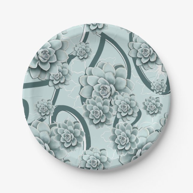 Mint Blue Succulents auf Pine Green Trellis wieder Pappteller (Vorderseite)