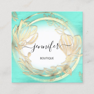 Mint Blue White Gold Floral QRCode Logo Square Quadratische Visitenkarte