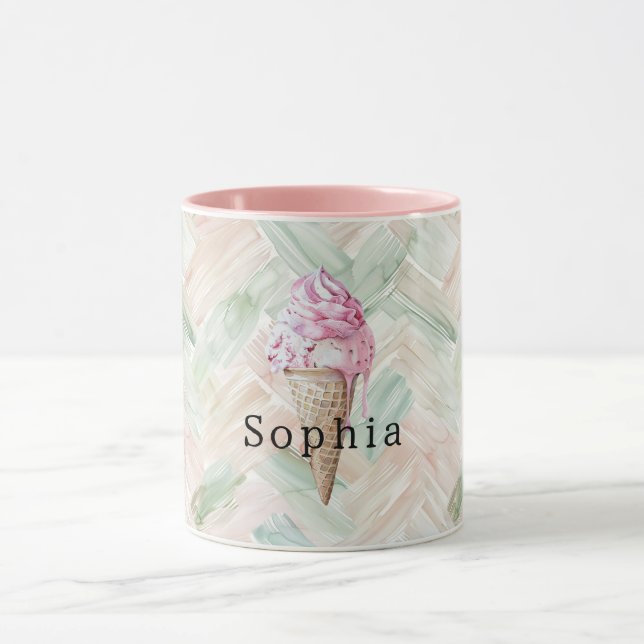 Mint Blush Stripes Strawberry Pink Ice Cream Cone Tasse (Zentrum)