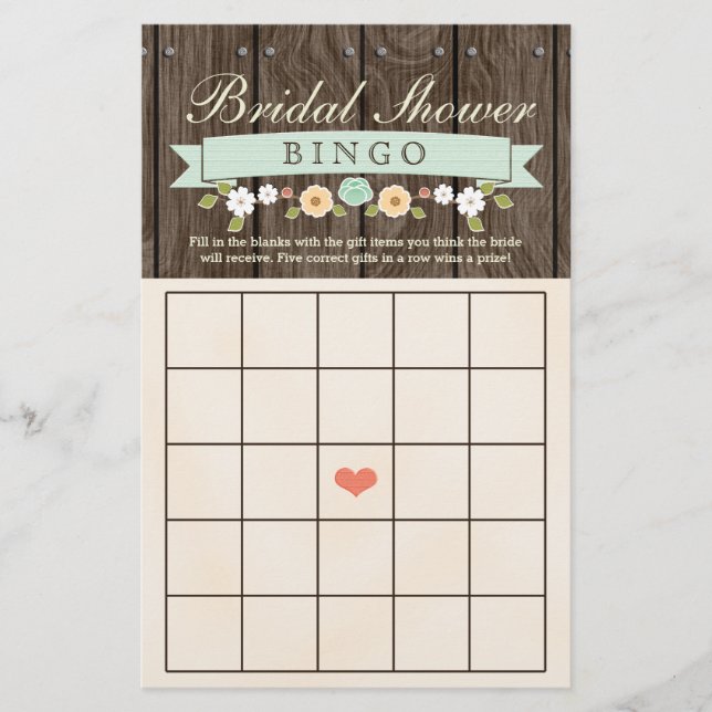 Mint Boho Rustic Bridal Polterabend Bingo Sheet (Vorderseite)