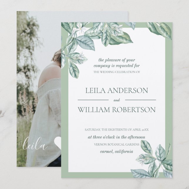Mint Botanical Elegant Wedding Foto Einladung (Vorne/Hinten)