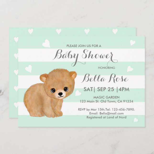 Mint Coeur ours bébé douche Invitations (Devant / Derrière)