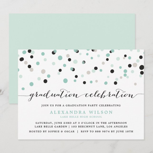 Mint Confetti Dots Graduation Party Einladung (Vorne/Hinten)