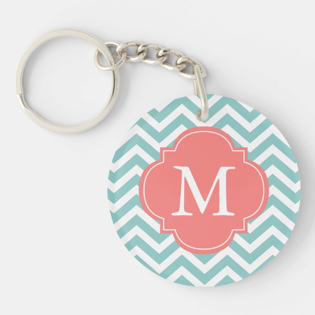 Mint & Coral Zigzag Muster Monogram Schlüsselanhänger (Vorderseite)