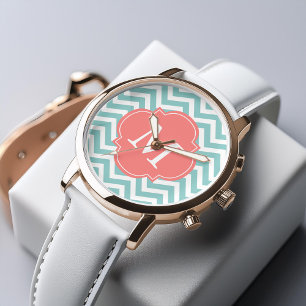Mint & Coral Zigzags Muster Monogramm Armbanduhr
