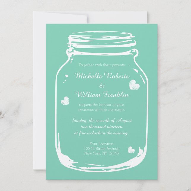 Mint Country chic Mason Glas Hochzeit Einladungen (Vorderseite)