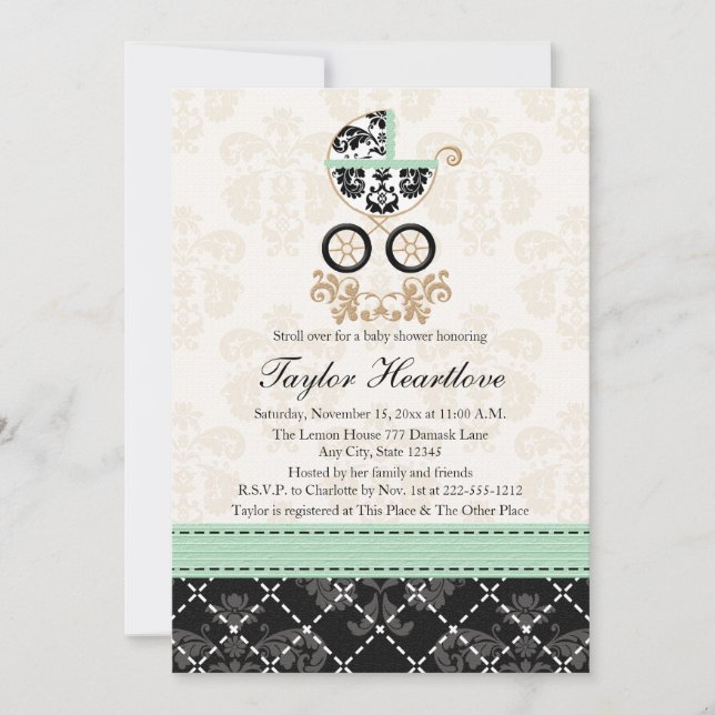MINT DAMASK BABY CARRIAGE BABY SHOWER EINLADUNG (Vorderseite)