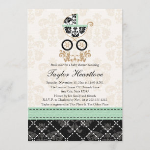 MINT DAMASK BABY CARRIAGE BABY SHOWER EINLADUNG