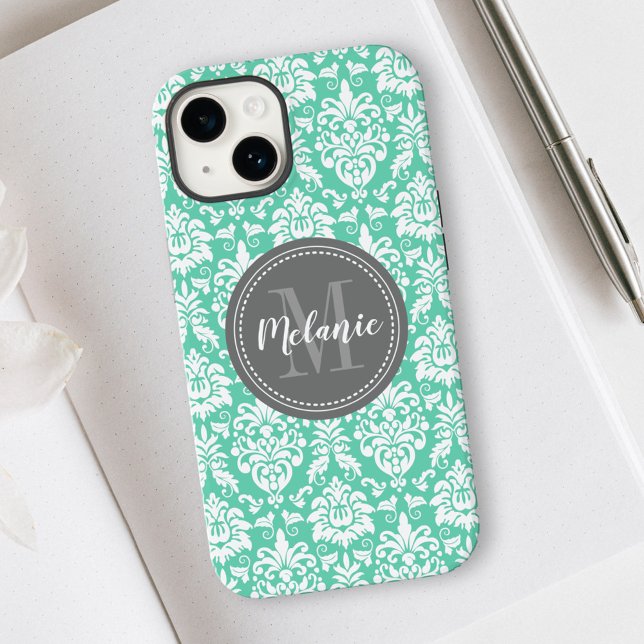 Mint Damask Gray Monogram Name Case-Mate iPhone 14 Hülle (Von Creator hochgeladen)