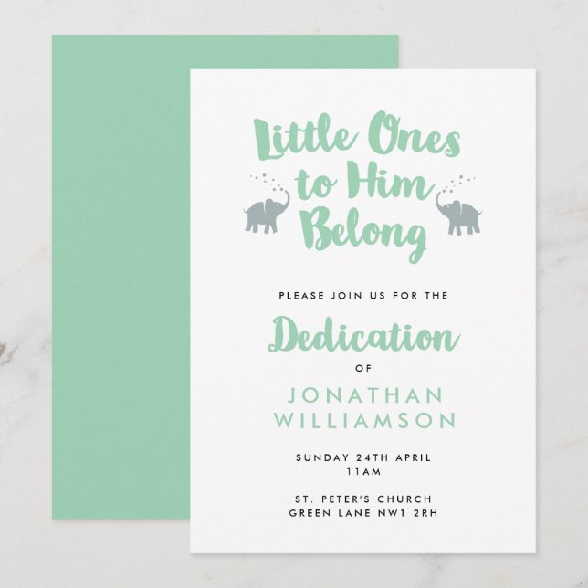 Mint Elephants Christlich Dedication Einladung (Vorne/Hinten)