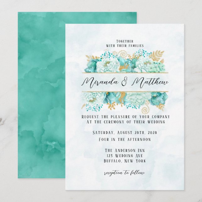 Mint Florals und Gold Foliage Wedding Einladung (Vorne/Hinten)
