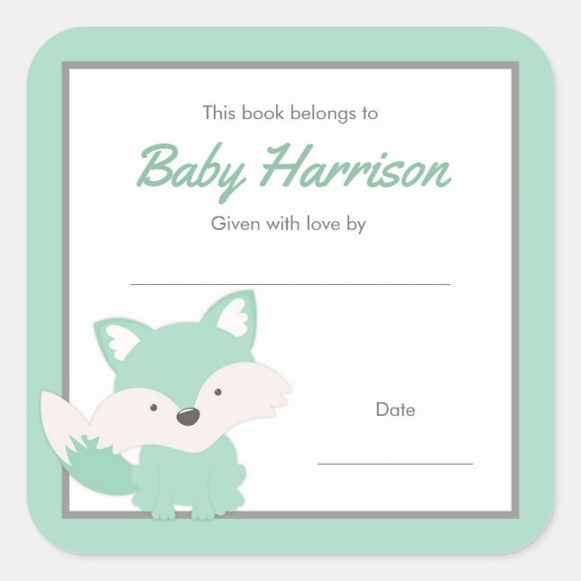 Mint Fox Baby Dusche Buchzeichen, geschlechtsneutr Quadratischer Aufkleber (Vorderseite)