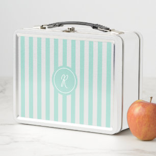 Mint French Beach Stripe Personalisiert Monogram Metall Brotdose