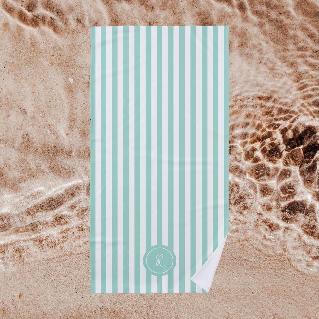Mint French Beach Stripe Personalisiert Monogram Strandtuch (Von Creator hochgeladen)