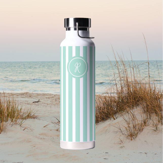 Mint French Beach Stripe Personalisiert Monogram Trinkflasche (Von Creator hochgeladen)