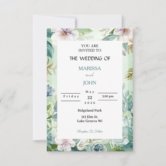 Mint Garden Elegance Wedding Invitation Einladung (Vorderseite)