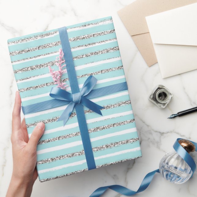Mint-Glitzer-Effekt Stripmuster Geschenkpapier (Schenken)
