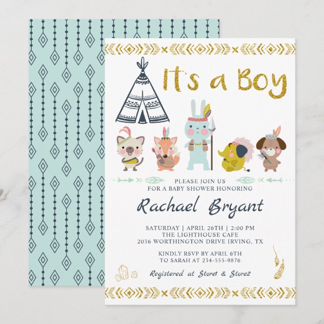 Mint Gold Boho Animals Es ist eine Baby-Dusche Einladung (Vorne/Hinten)