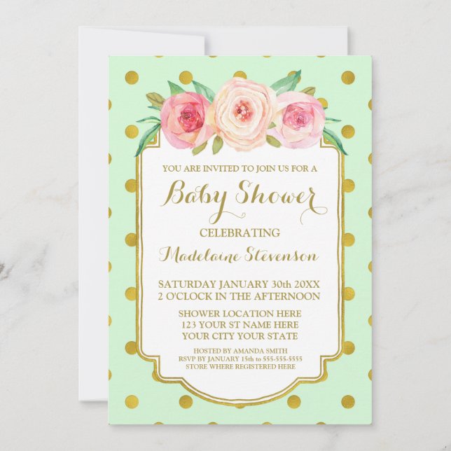Mint Gold Dots Aquarell Floral Baby Dusche Einladung (Rückseite)