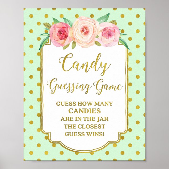 Mint Gold Dots Candy Guessing Game Sign Poster (Vorne)