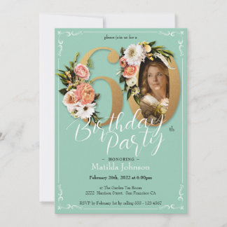 Mint Gold Floral Boho Custom Foto 60. Geburtstag Einladung