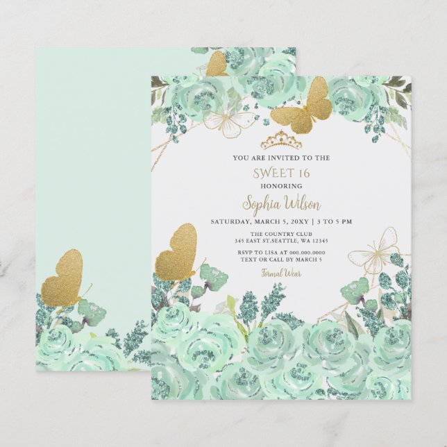 Mint Gold Floral Butterfly Sweet 16 Einladung (Vorne/Hinten)
