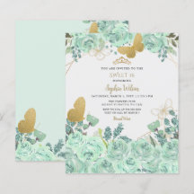 Mint Gold Floral Butterfly Sweet 16 Einladung