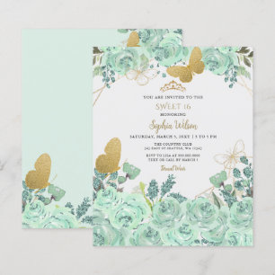 Mint Gold Floral Butterfly Sweet 16 Einladung